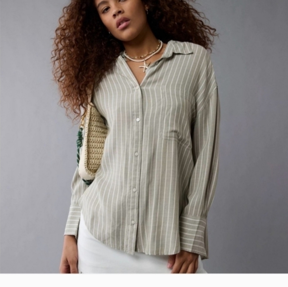 American Eagle Outfitters Sage Green Striped Button-Down Shirt